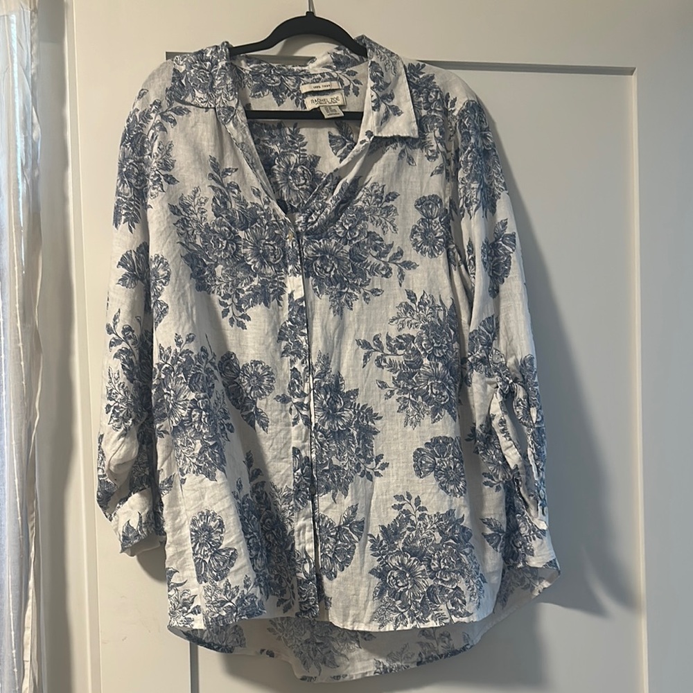 Rachel Zoe Blue and White Linen Button Down Shirt